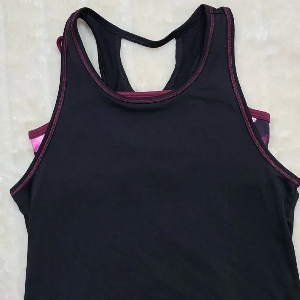 Justice Active Layered Sports Tank Top Black Pink Floral Athletic Tee Girls 10
